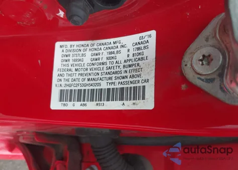 2016 Honda Civic Lx z USA, uszkodzony, nr VIN 2HGFC2F53GH543205